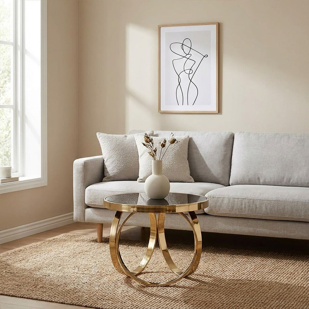 Mirrored Black Round Top Coffee Table With Gold Stainless Steel Ring Base, Ragusa