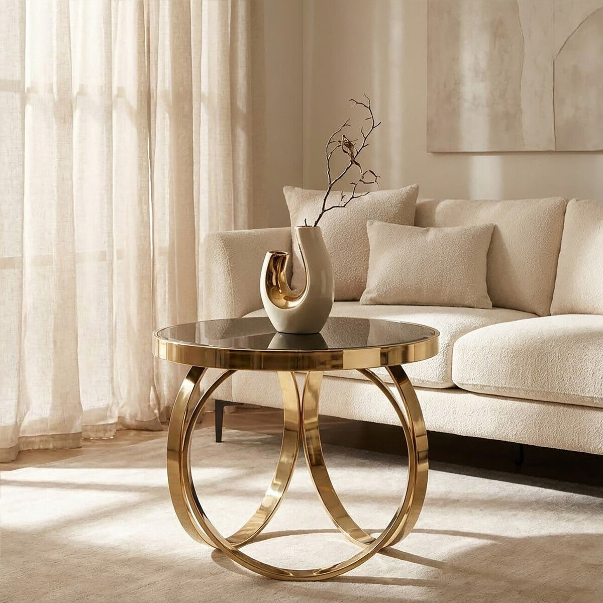 Mirrored Black Round Top Coffee Table With Gold Stainless Steel Ring Base, Ragusa