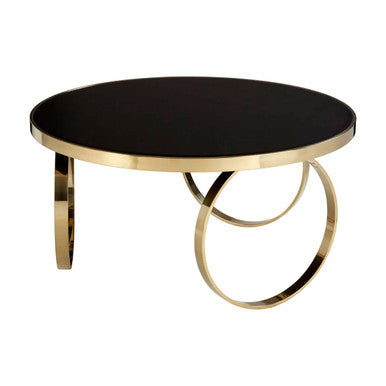 Large Round Mirrored Black Top Coffee Table With Gold Stainless Steel Ring Base, Ragusa