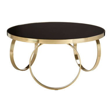 Large Round Mirrored Black Top Coffee Table With Gold Stainless Steel Ring Base, Ragusa
