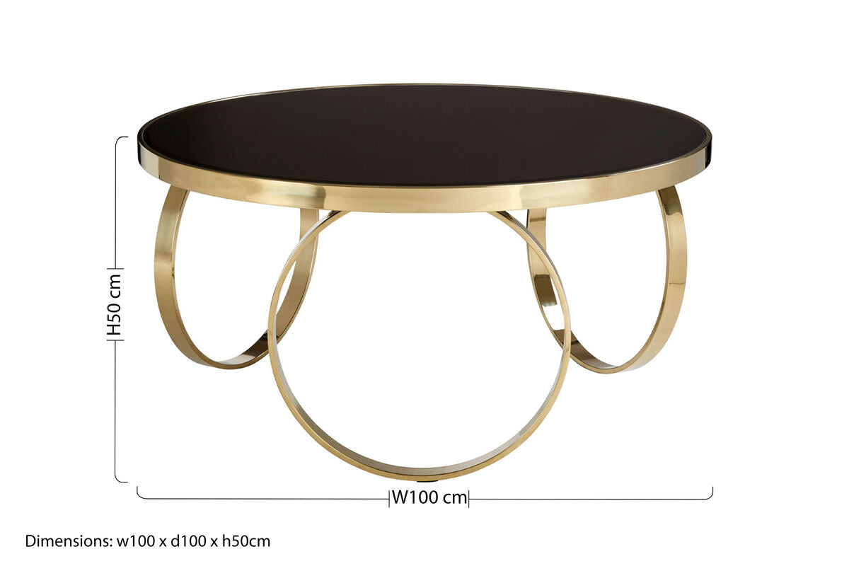 Large Round Mirrored Black Top Coffee Table With Gold Stainless Steel Ring Base, Ragusa