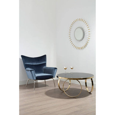 Large Round Mirrored Black Top Coffee Table With Gold Stainless Steel Ring Base, Ragusa