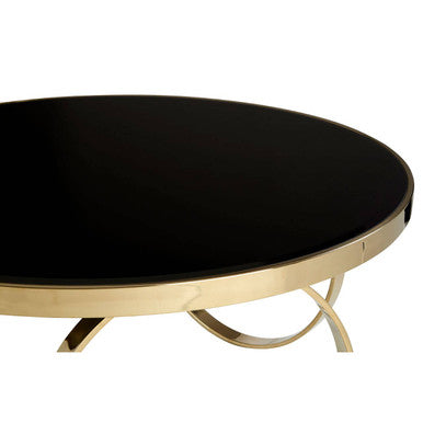 Large Round Mirrored Black Top Coffee Table With Gold Stainless Steel Ring Base, Ragusa