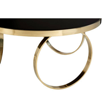 Large Round Mirrored Black Top Coffee Table With Gold Stainless Steel Ring Base, Ragusa