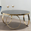 Large Round Mirrored Black Top Coffee Table With Gold Stainless Steel Ring Base, Ragusa