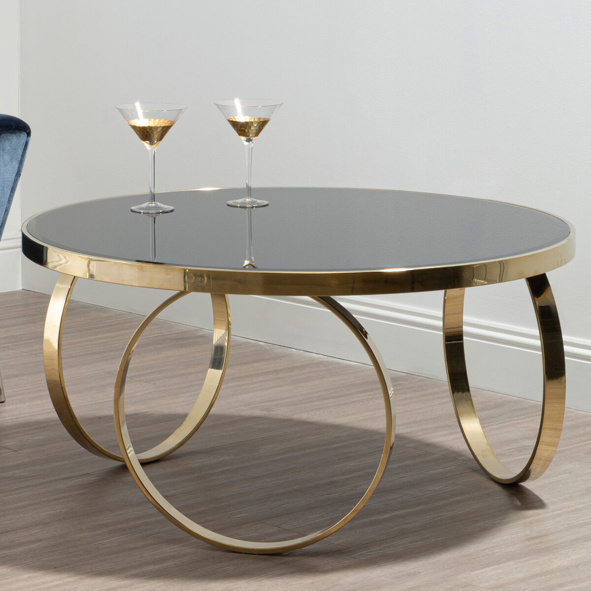 Large Round Mirrored Black Top Coffee Table With Gold Stainless Steel Ring Base, Ragusa