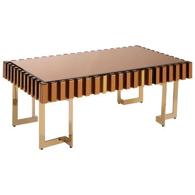 Mirrored Glass Top Coffee Table With Corrugated Sides & Gold Frame, Rivoli