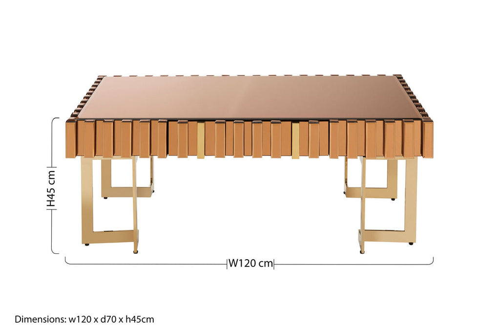 Mirrored Glass Top Coffee Table With Corrugated Sides & Gold Frame, Rivoli