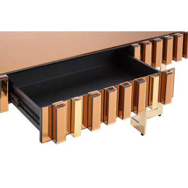 Mirrored Glass Top Coffee Table With Corrugated Sides & Gold Frame, Rivoli