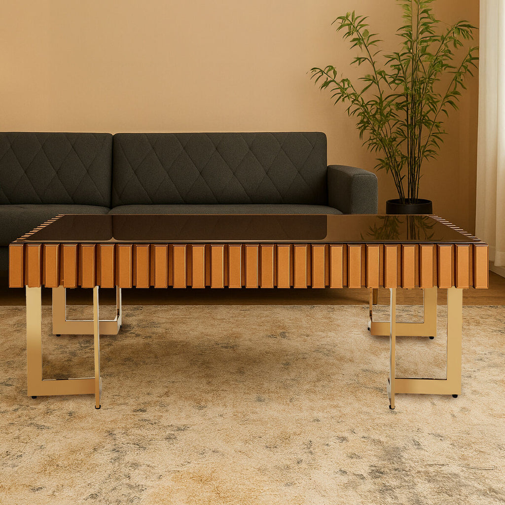 Mirrored Glass Top Coffee Table With Corrugated Sides & Gold Frame, Rivoli