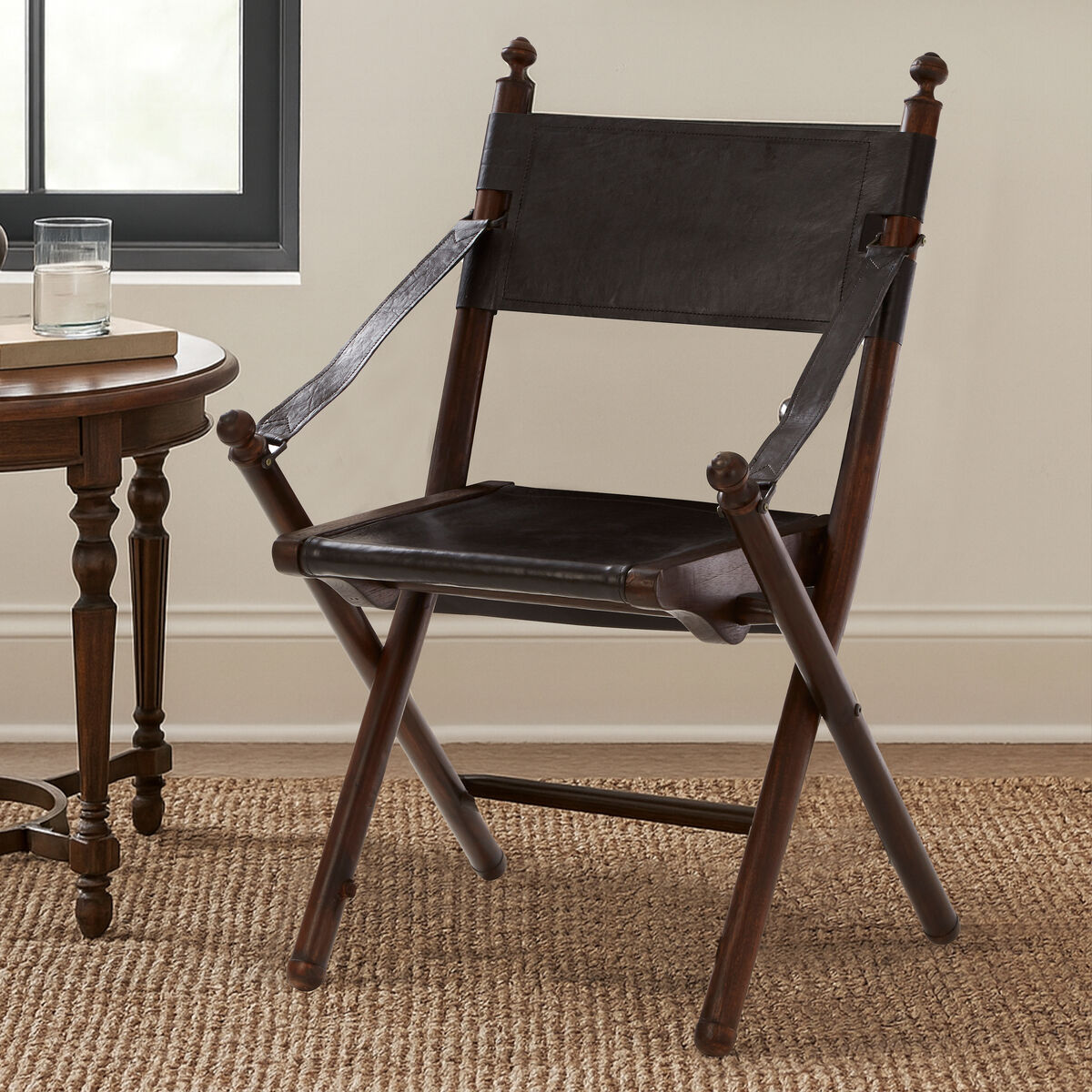 Inca Black Leather & Teak Wood Folding Chair