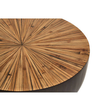 Natural Starburst Patterned Wood Top Round Ebony Small Console Table With Grey Bamboo Base, Gabo