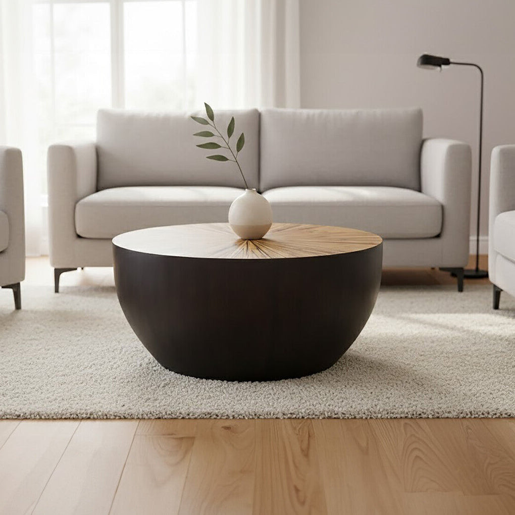 Natural Starburst Patterned Wood Top Round Ebony Small Console Table With Grey Bamboo Base, Gabo