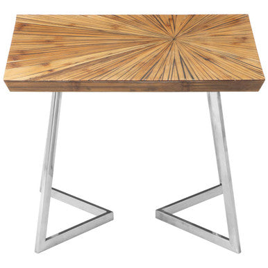 Natural Textured Bamboo Top Side Table With Silver Stainless Steel Frame, Gabar