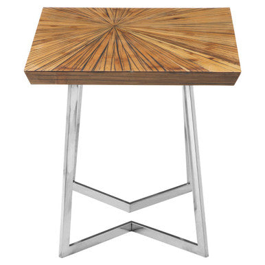 Natural Textured Bamboo Top Side Table With Silver Stainless Steel Frame, Gabar