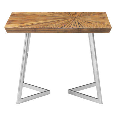 Natural Textured Bamboo Top Side Table With Silver Stainless Steel Frame, Gabar