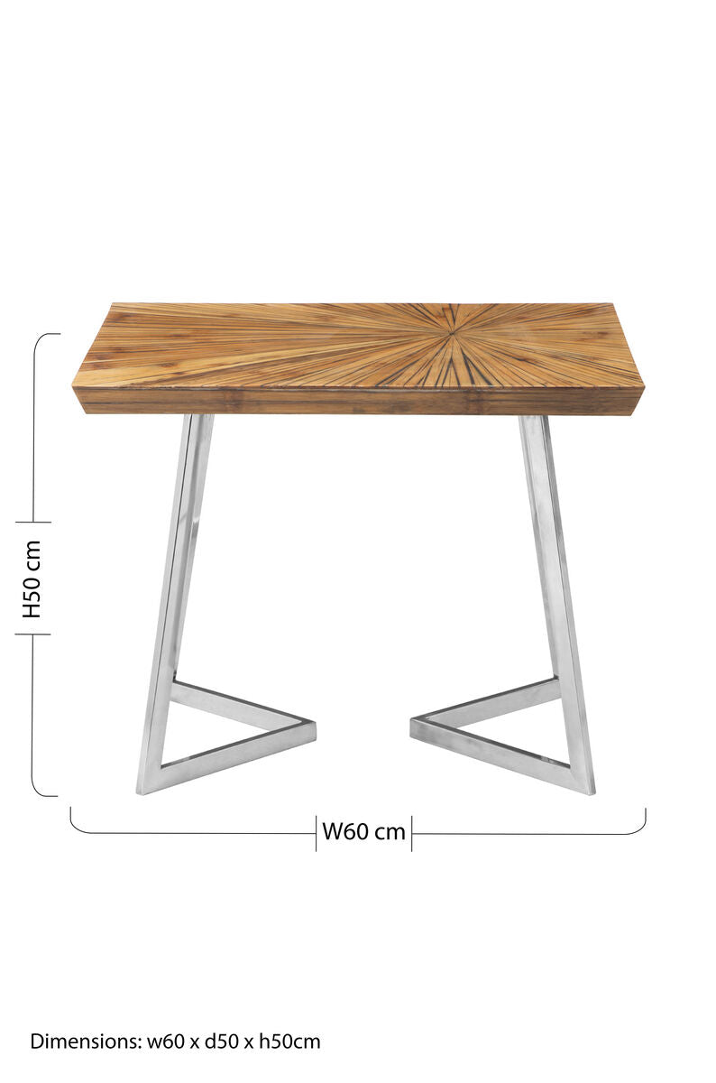 Natural Textured Bamboo Top Side Table With Silver Stainless Steel Frame, Gabar