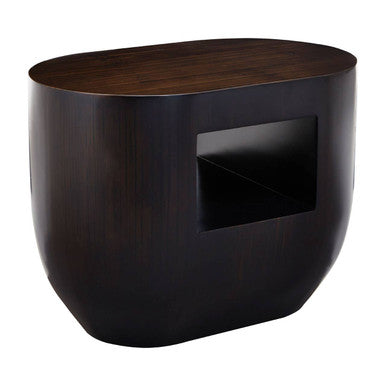 Black Oval Ebony Bamboo Side Table With Curved Edges & Undershelf Storage, Gabelle