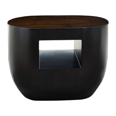 Black Oval Ebony Bamboo Side Table With Curved Edges & Undershelf Storage, Gabelle