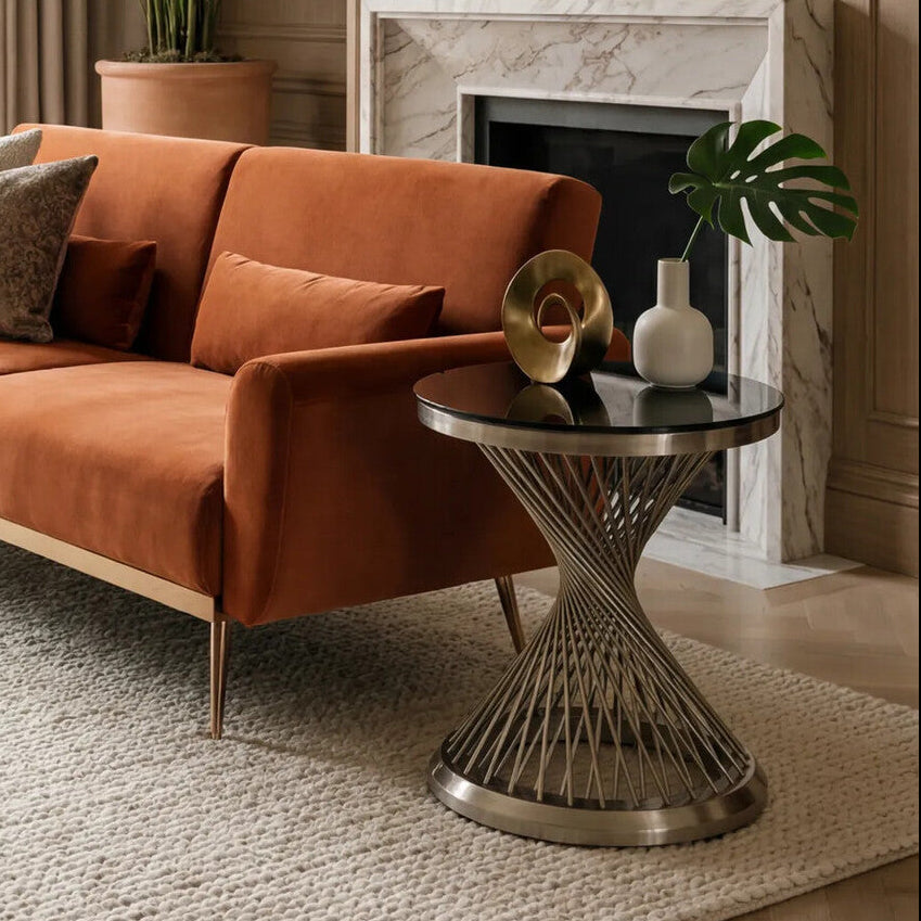 Black Hourglass Top Side Table With Silver Stainless Steel Base, Anzio