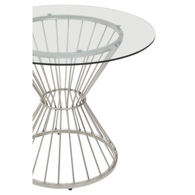 Hourglass Dining Table With Clear Glass Top & Silver Base, Anzio