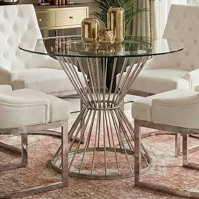 Hourglass Dining Table With Clear Glass Top & Silver Base, Anzio