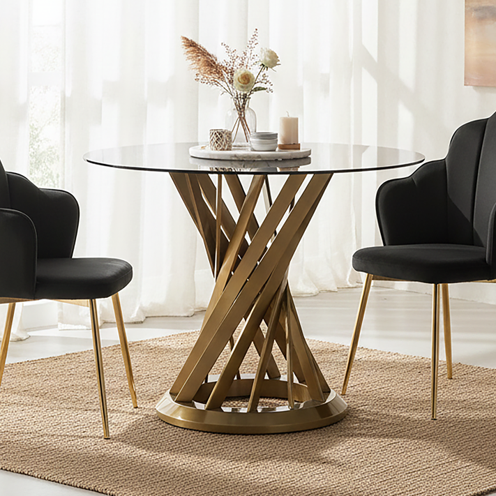 Black Glass Top & Gold Hourglass Base Dining Table, Anzio