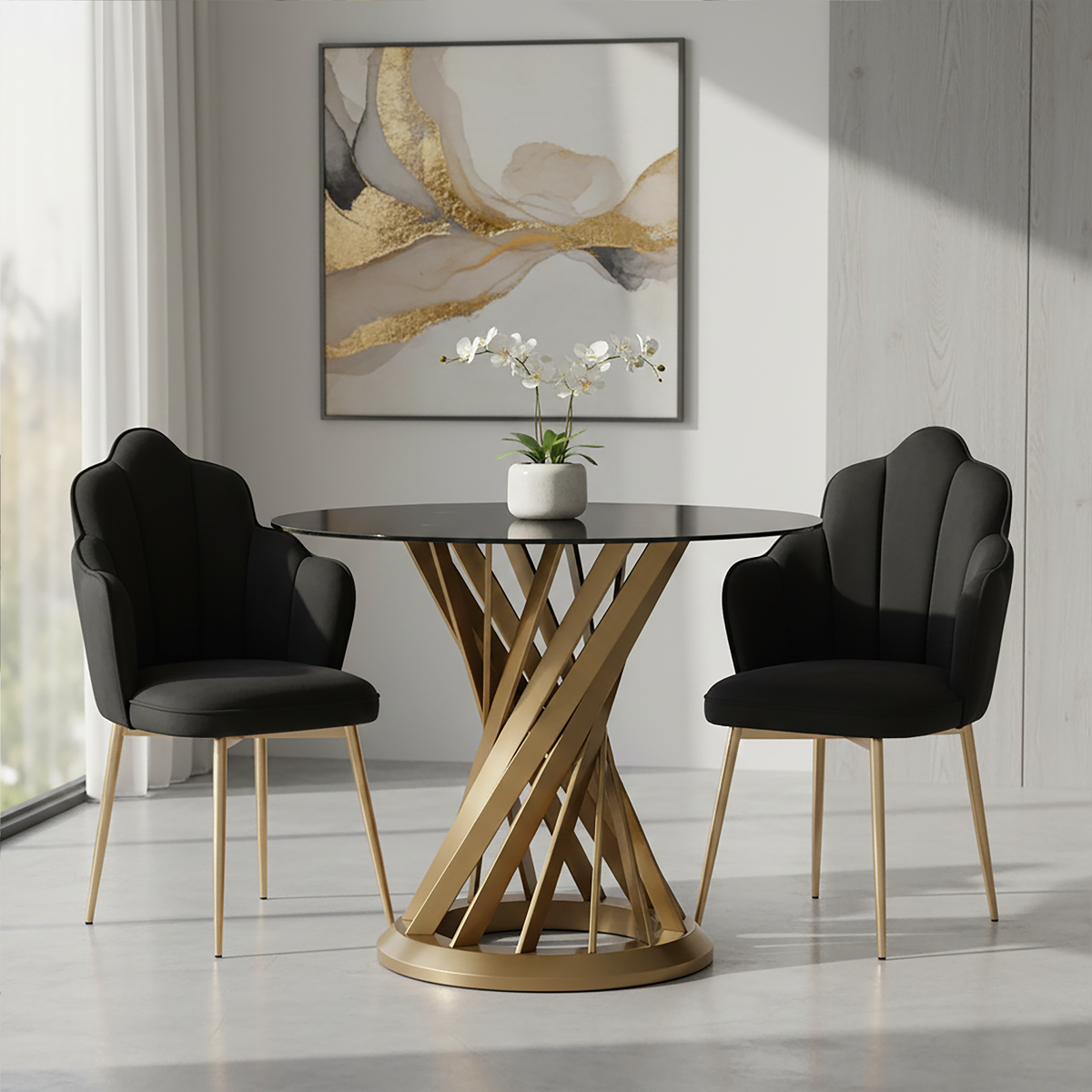 Black Glass Top & Gold Hourglass Base Dining Table, Anzio