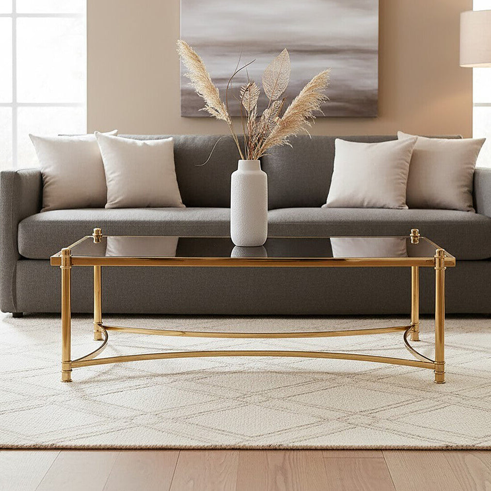 Gold Base Coffee Table With Black Glass Top, Ackley