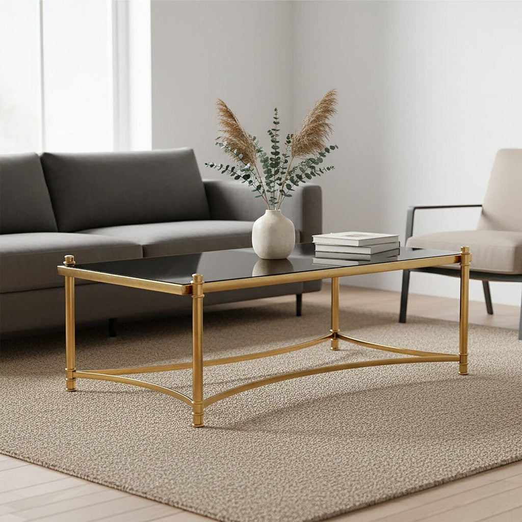 Gold Base Coffee Table With Black Glass Top, Ackley