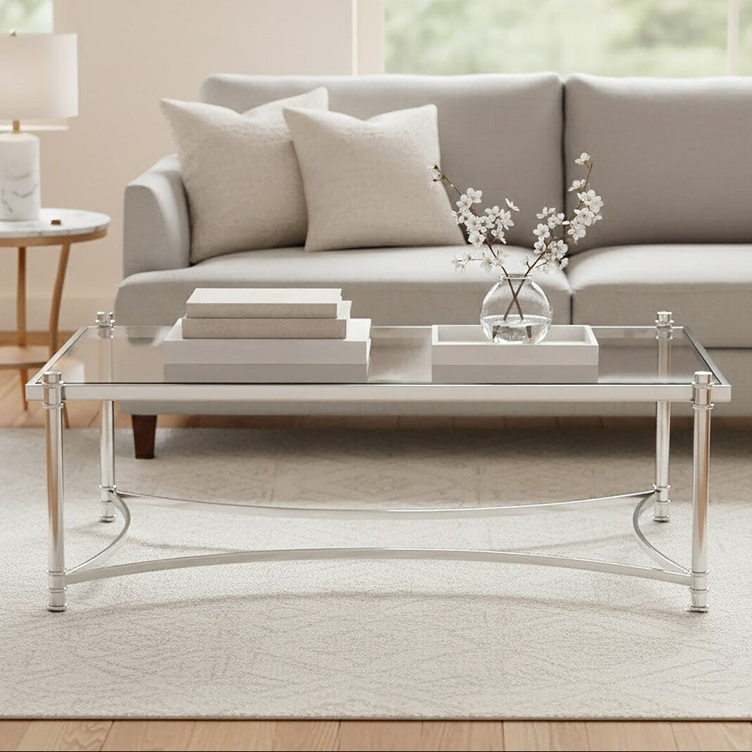 Silver Base Coffee Table With Clear Glass Top, Ackley