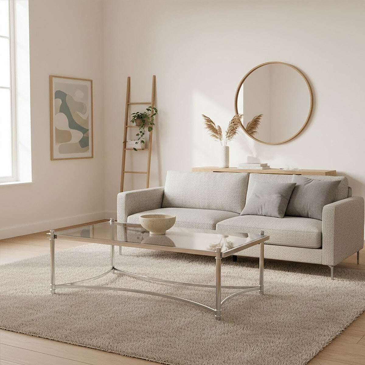 Silver Base Coffee Table With Clear Glass Top, Ackley