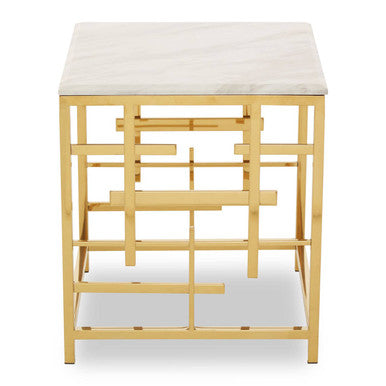 White Marble Top Side Table With Gold Geometric Stainless Steel Base, Aprilia
