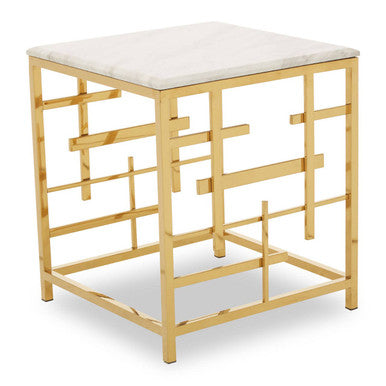 White Marble Top Side Table With Gold Geometric Stainless Steel Base, Aprilia