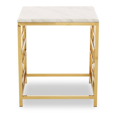 White Marble Top Side Table With Gold Geometric Stainless Steel Base, Aprilia