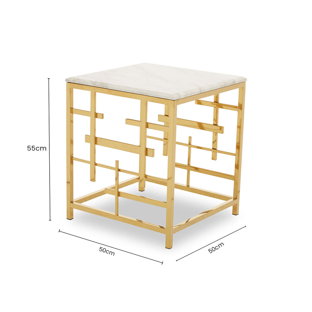 White Marble Top Side Table With Gold Geometric Stainless Steel Base, Aprilia