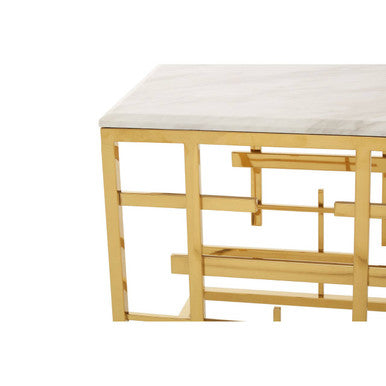 White Marble Top Side Table With Gold Geometric Stainless Steel Base, Aprilia