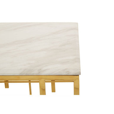 White Marble Top Side Table With Gold Geometric Stainless Steel Base, Aprilia