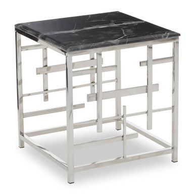 Black Marble Top Side Table With Silver Geometric Stainless Steel Base, Aprilia