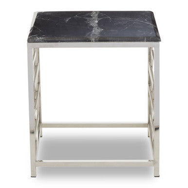 Black Marble Top Side Table With Silver Geometric Stainless Steel Base, Aprilia