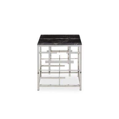 Black Marble Top Side Table With Silver Geometric Stainless Steel Base, Aprilia