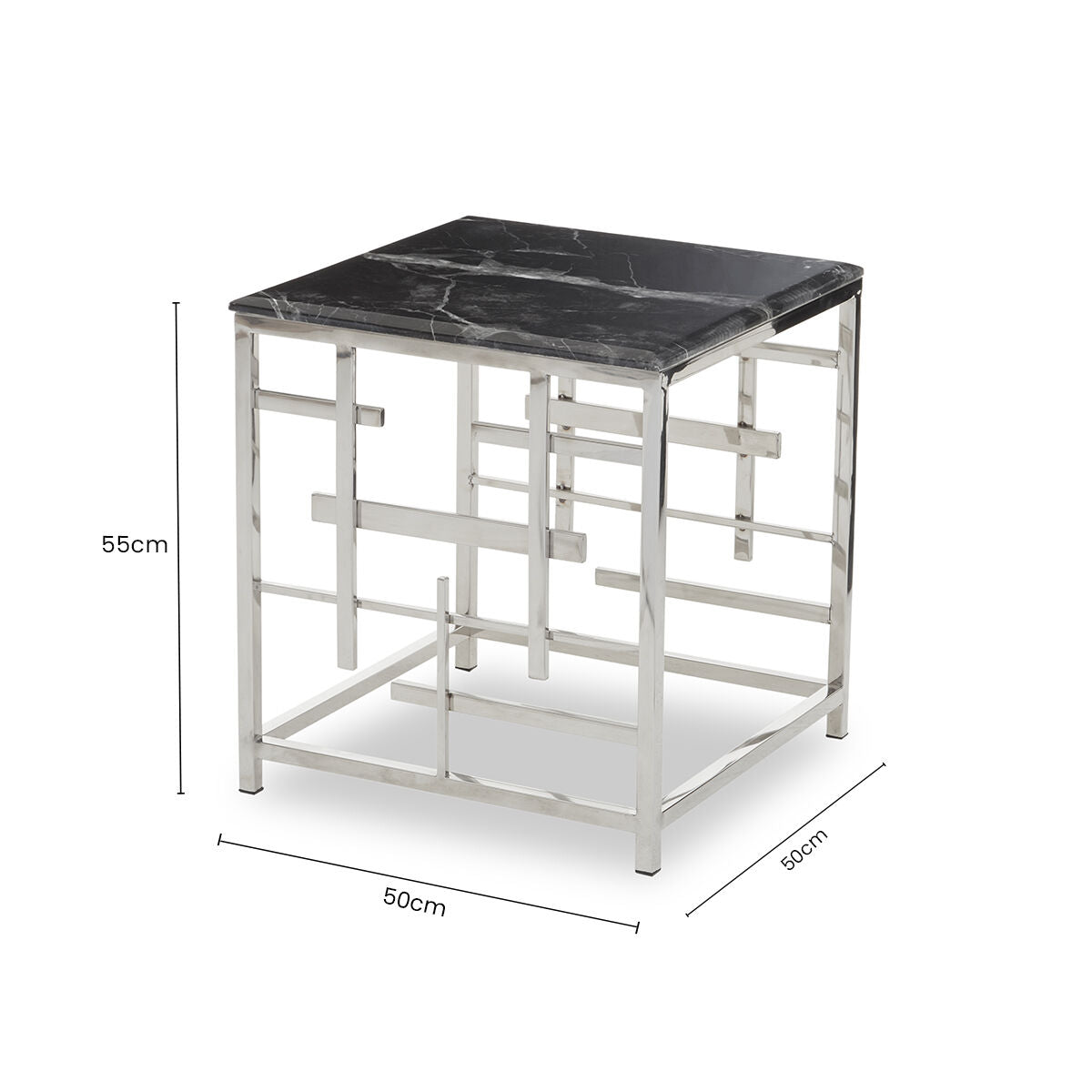 Black Marble Top Side Table With Silver Geometric Stainless Steel Base, Aprilia