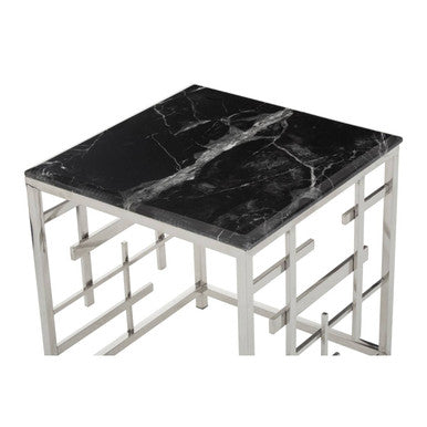 Black Marble Top Side Table With Silver Geometric Stainless Steel Base, Aprilia
