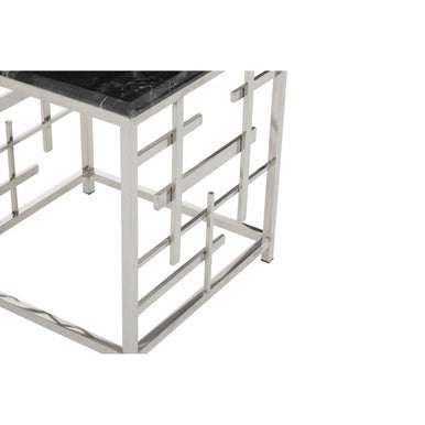 Black Marble Top Side Table With Silver Geometric Stainless Steel Base, Aprilia