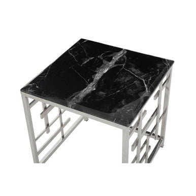 Black Marble Top Side Table With Silver Geometric Stainless Steel Base, Aprilia