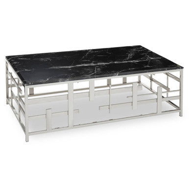 Black Marble Top Coffee Table With Silver Geometric Stainless Steel Base, Aprilia