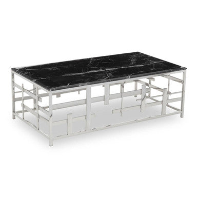 Black Marble Top Coffee Table With Silver Geometric Stainless Steel Base, Aprilia
