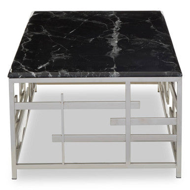 Black Marble Top Coffee Table With Silver Geometric Stainless Steel Base, Aprilia