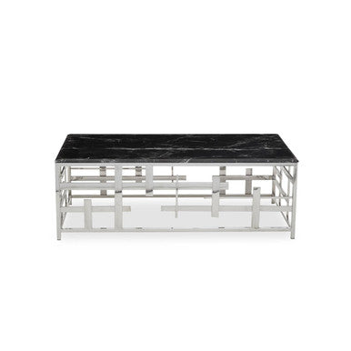 Black Marble Top Coffee Table With Silver Geometric Stainless Steel Base, Aprilia