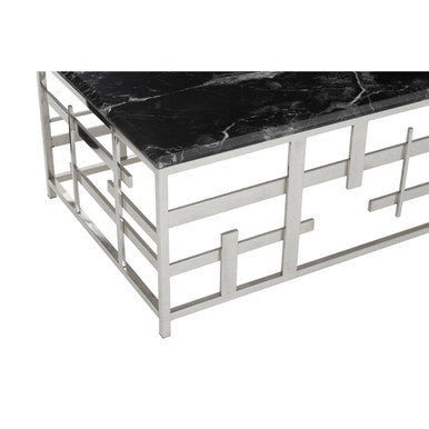 Black Marble Top Coffee Table With Silver Geometric Stainless Steel Base, Aprilia